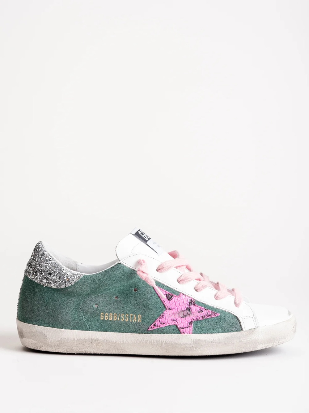 Golden Goose Green Suede Sneaker with Pink Star and Silver Heel
